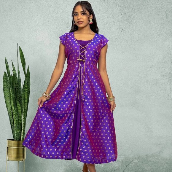 Purple Gold Silk Knee-Length Ethno-Chic Dress | Muvvas Boutique - Picture 3 of 5